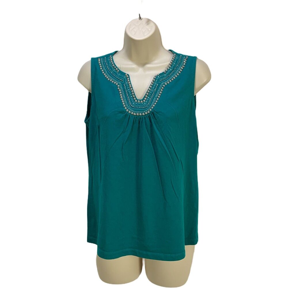 St Johns Bay Womens Studded Sleeveless Top Medium Tank Top V Neck Embellished